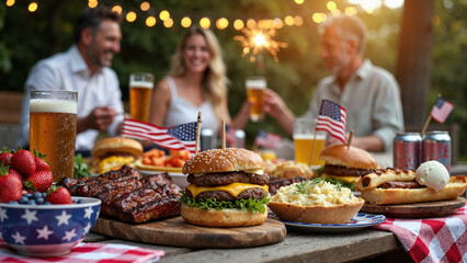 A Festive Spread of Traditional American Cuisine for July 4th Independence Day Celebrations, Perfect for Marketing and Social Media Use