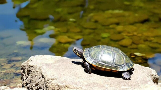 Turtle basking on a rock by a calm pond, sunlight on its shell