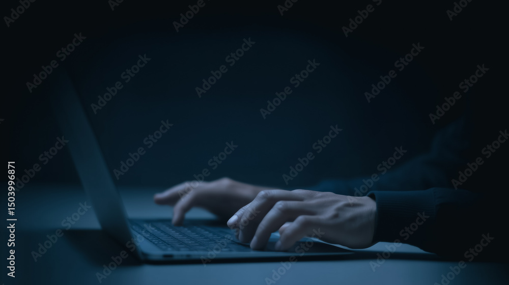 Aufkleber coding under the shadows: a person types furiously on a laptop in dim light, a metaphor for cybersec