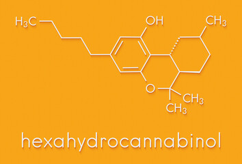 Hexahydrocannabinol (HHC) semi-synthetic cannabinoid drug molecule. Skeletal formula.