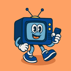Naklejka premium Happy Retro TV Mascot Holding Remote – Cartoon Vector Character