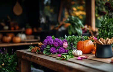 Autumn Harvest Display With Pumpkins, Flowers, and Fresh Greens in a Rustic Setting
