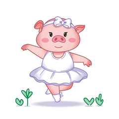Cute vector illustration of a ballet pig in a white ballet dress. Perfect for children's invitations and posters.