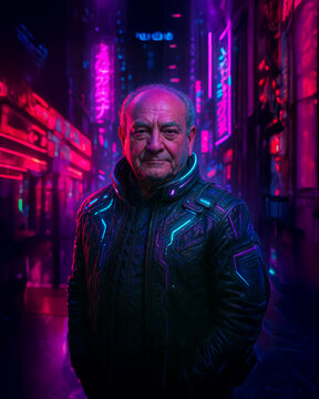 Uomo maturo in uno scenario urbano cyberpunk co luci led magenta ciano rosse
