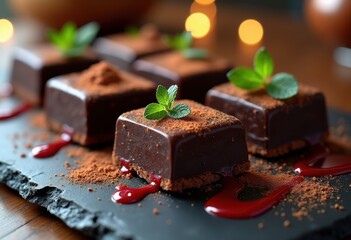 delicious dark chocolate squares gourmet slate platter elegant presentation rich flavor indulgence dessert, treats, food, elegance, sweet, bittersweet, chunks