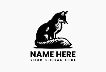 Graceful black fox silhouette in poised sitting position with alert gaze vector logo. Wilderness emblem   © vectorvovdesign