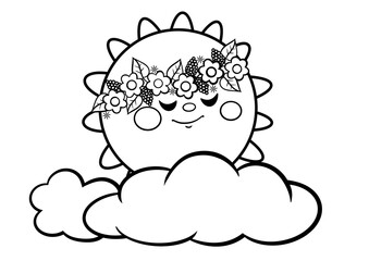 Cute cartoon sun with floral crown above clouds: whimsical coloring page for kids
