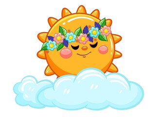 Cheerful sun with floral crown above fluffy clouds
