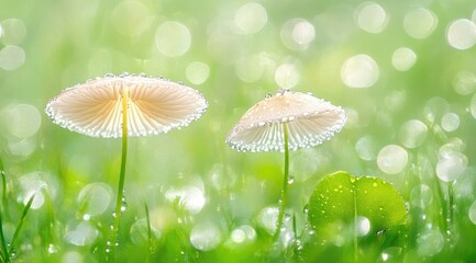 Delicate mushrooms in dewy meadow
