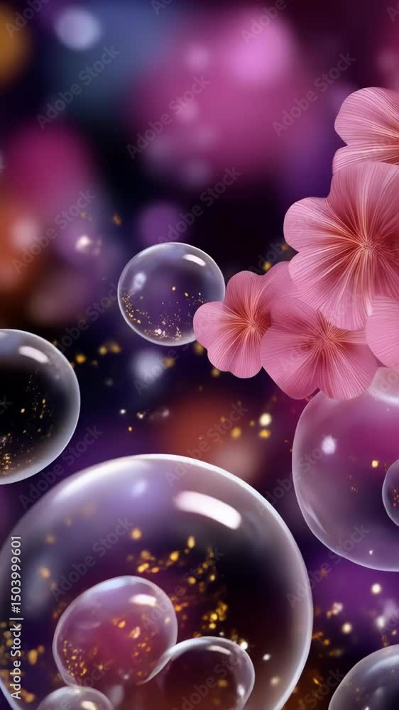 Poster floating translucent orbs with sparkly particles and soft pink flowers against a dreamy, purple back