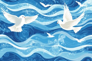 Fototapeta premium Ukrainian doves flying over stylized sea waves, emotional folkloric pattern in soft blue