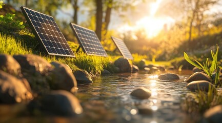 Solar panels beside a tranquil stream in a garden setting