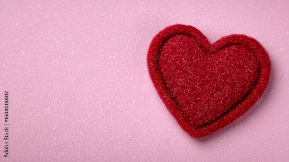 Poster red felt heart shape on a pink background creating a romantic valentines day theme with empty space 