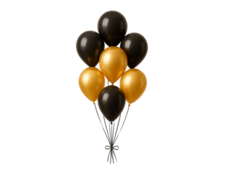 Black and gold balloons bunch isolated on transparent background