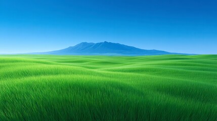 Rolling Green Grass Field Under a Clear Blue Sky with Distant Mountain Range offering peaceful pastoral scenery