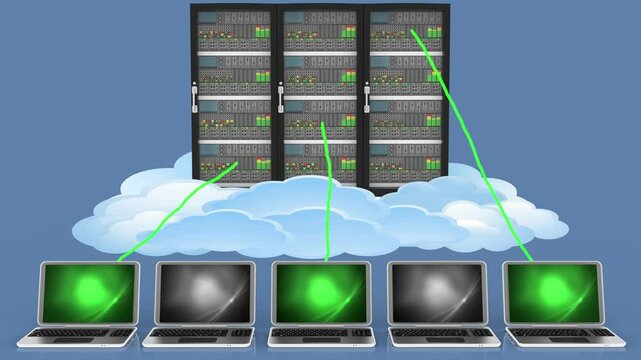 Animazione illustrazione 3D. Server computer dati.
 Connessione e archiviazione dati computer, applicazioni.