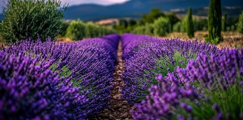 Obraz premium Lavendar Fields in Bloom Under a Vibrant Sunset in Southern France