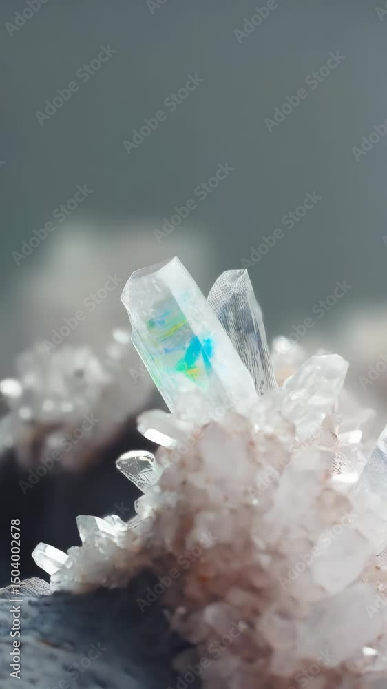 Poster macro image showcasing the delicate details of a quartz crystal cluster with translucent prism forma