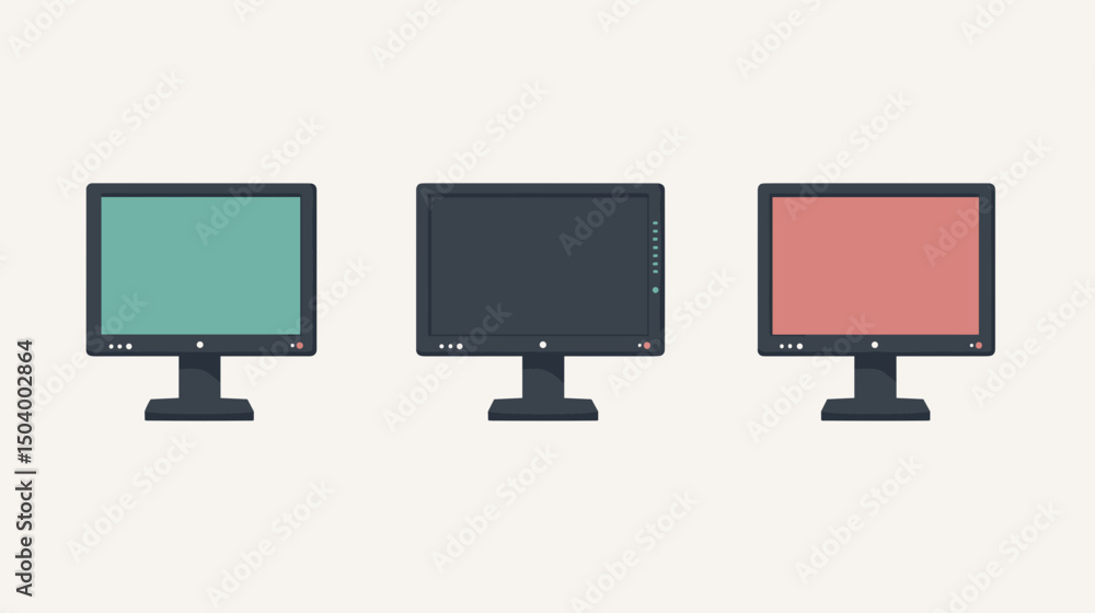 Poster collection of three computer monitors in different colors displaying a minimalist design
