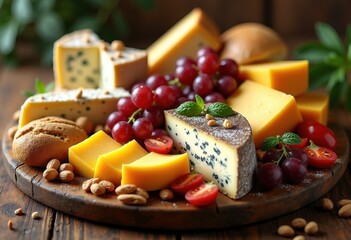 vibrant gourmet cheese platter assortment colorful display artisanal delicacies vegetables nuts grapes breads beautiful presentation, appetizer, feast, food