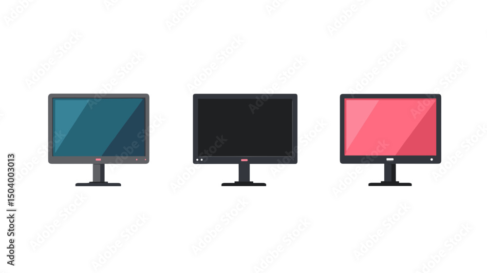 Poster collection of three modern computer monitors in distinctive colors and designs isolated on white bac