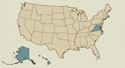 Obraz premium United States Map Highlighting Virginia and Alaska