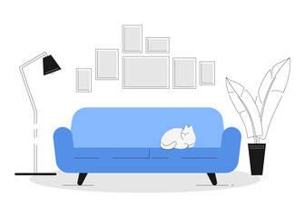 Cartoon Color Living Room with Houseplant Potted, Lamp, Sofa and Cat Interior Inside Concept. Vector illustration