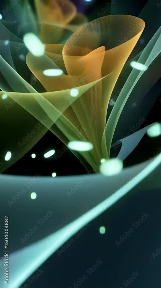 Poster abstract translucent floral design with glowing particles floating against a dark background creatin
