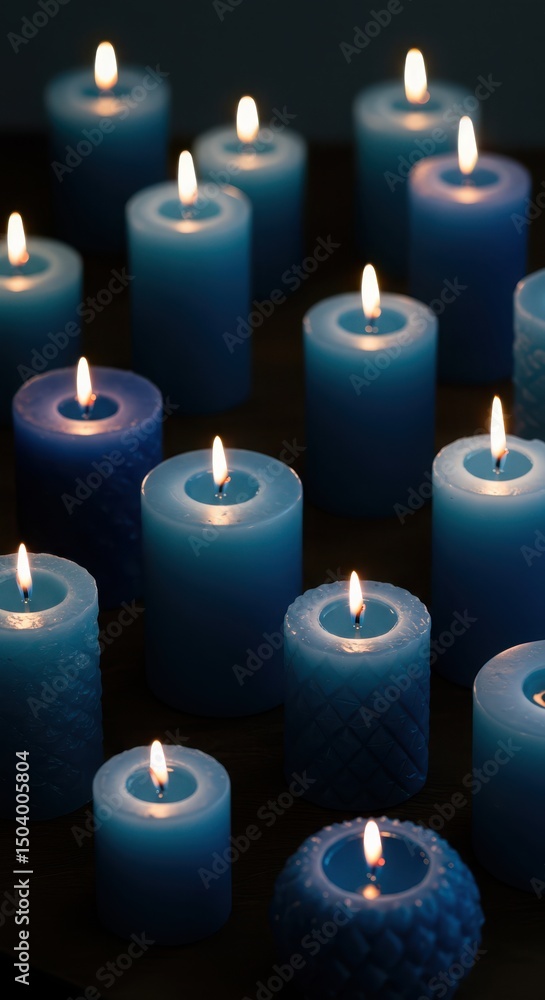 Poster blue candles of various shapes and sizes are arranged artistically on a dark surface, creating a ser