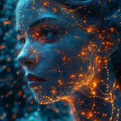 A captivating high resolution image showing a woman's face adorned with glowing network patterns and digital connectivity.