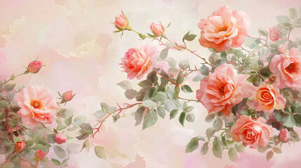 Vintage beautiful roses, orange and pink rose flowers blossoming on branches, watercolor on dreamy romantic backgrounds.