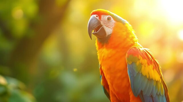 Vibrant parrot perched in sunlit jungle, squawking joyfully