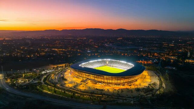 Stadium glow at dusk: An aerial panorama of a modern architectural marvel
