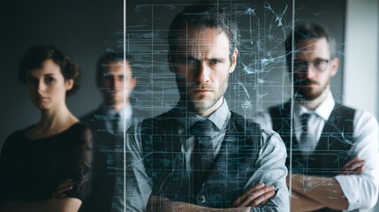 Team of business professionals standing confidently behind a transparent screen displaying data analysis. The image evokes a sense of determination and strategic planning.