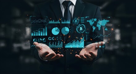 Businessman holds data-driven tech insights. Modern digital graphs, numbers float in hands. Informed business strategies, data management. Tech, analytics concepts. Decision making process presented