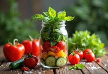 vibrant mason jar salad ingredients fresh vegetables colorful display healthy eating garden harvest, pepper, tomato, cucumber, carrot, onion, leaf, spinach