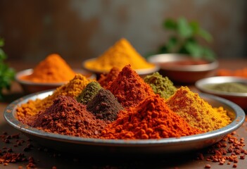 vibrant metal plate colorful spices artistic culinary presentation flavor palette aesthetic presentation, seasonings, herb, ingredient, aroma, textures, red