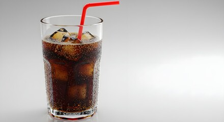 Glass of with ice cubes, red straw on white background. Refreshing fizzy drink, cold beverage, refreshing summer drink, isolated. Food and drinks for hot weather, party