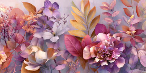 New style for beautiful digital textile flowers and leaves. ultra 4k stock fofo wallpapers Pastel-hued backdrop