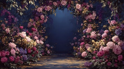 Enchanting Floral Archway  Romantic Dark Garden  Lush Blooms  Wedding  Party Backdrop