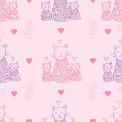 Seamless pattern with cute cat family.  Pink background. Vector illustration.