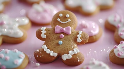 Gingerbread man cookie smiling brightly in a whimsical sugary wonderland adorned with pastel icing on a festive pink