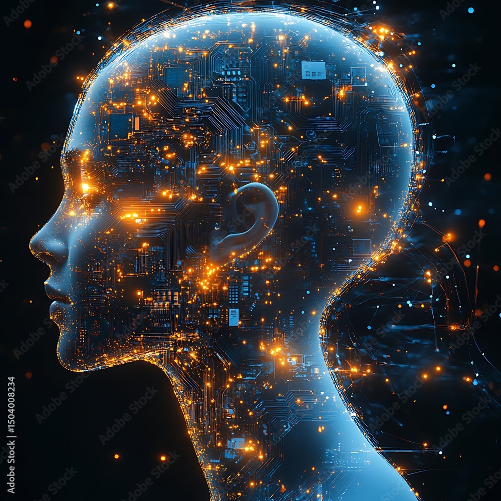 Aufkleber a conceptual digital human head with circuits and light particles symbolizing artificial intelligenc