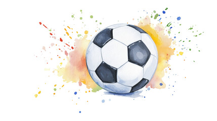 Watercolor painting of soccer ball in motion with colorful splashes in background, evoking excitement and energy