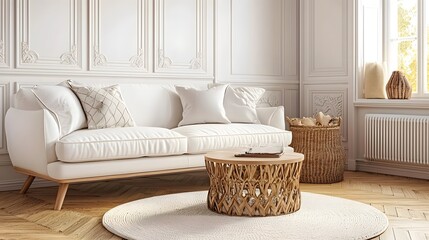 Minimalist Modern Living Room Interior Featuring a Cozy White Sofa and Natural Wood Accents