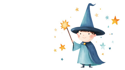 Cheerful cartoon character dressed as wizard, holding magic wand and surrounded by stars, evokes sense of wonder and magic