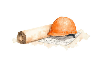 Watercolor painting of construction helmet, blueprint, and rolled paper, symbolizing construction and planning