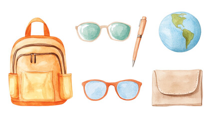 Travel essentials including backpack, sunglasses, pen, globe, and wallet create perfect adventure vibe