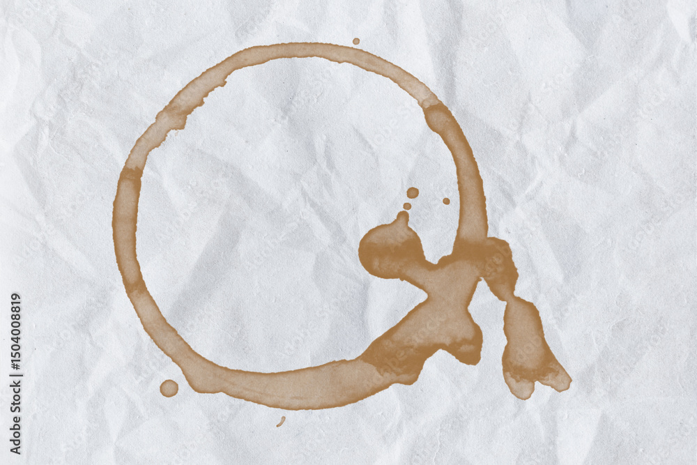 Poster delicate coffee stain ring on wrinkled white paper surface a subtle imperfection adding character to
