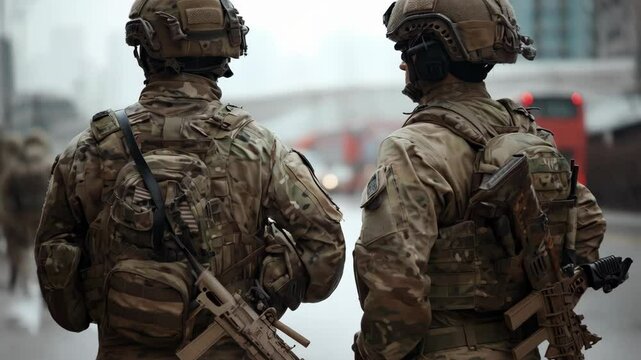 Two soldiers in camouflage gear with rifles are seen from the back walking on a grey city street during a cloudy day.